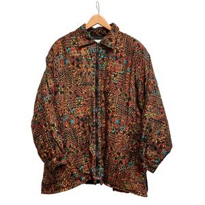 Vintage 90s Quilted Silk Bomber Jacket 3X Women's Southwest Geometric Orange